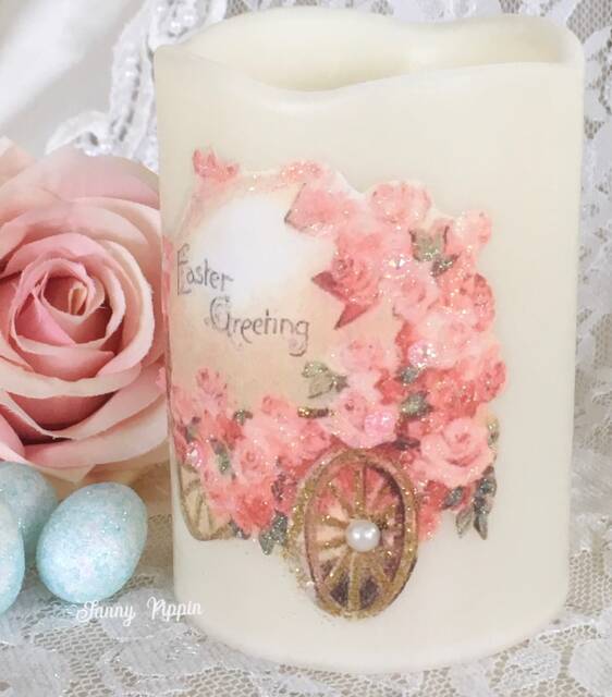 Shabby Easter Flameless Candle Pink Floral Victorian Egg & Chick - image 1