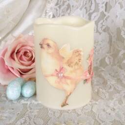 Shabby Easter Flameless Candle Pink Floral Victorian Egg & Chick - thumbnail 3