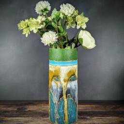 Artisan Glass Vase For Flowers Hand Painted Muted Green Design Statement Unique Modern Cylinder Home Gift - thumbnail 2