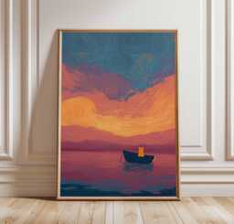 starry Sunset Boat Poster, Van Gogh Inspired Cat Print, Dreamy Ocean Wall Art, Whimsical Painting, Tranquil Landscape Decor - thumbnail 1