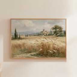 Wheat Field Poster, Village Landscape Print, Country Wall Art, Paper - thumbnail 1
