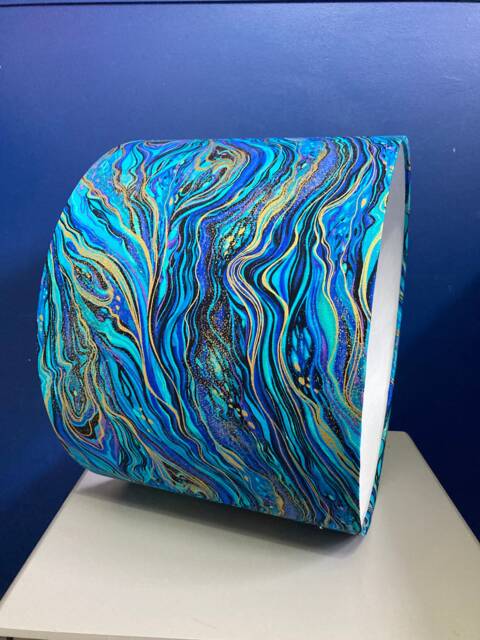 Turquoise & Gold Marble Effect Lampshade, Made With Marbled Teal Navy Fabric, To Order in Various Sizes & Linings - image 1