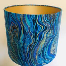 Turquoise & Gold Marble Effect Lampshade, Made With Marbled Teal Navy Fabric, To Order in Various Sizes & Linings - thumbnail 3