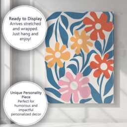 Scandinavian Folk Art Floral Garden in Coral Pink & Mustard Yellow Canvas Wall Print Decor Picture Ready To Hang - thumbnail 3