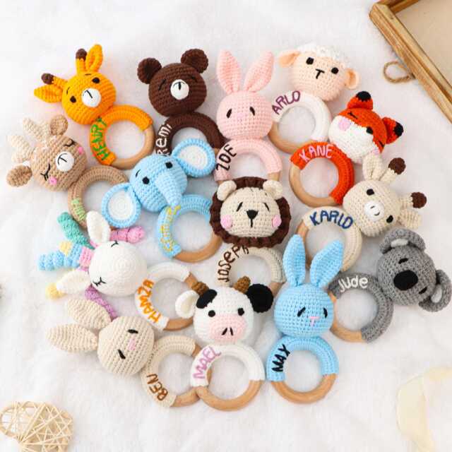 Personalized Crochet Animal Rattle Embroidered Newborn Gift, Eco Beechwood - image 1