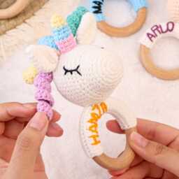 Personalized Crochet Animal Rattle Embroidered Newborn Gift, Eco Beechwood - thumbnail 2