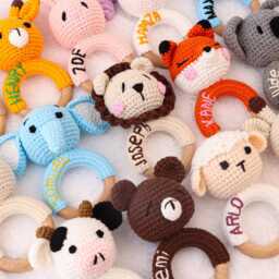Personalized Crochet Animal Rattle Embroidered Newborn Gift, Eco Beechwood - thumbnail 3