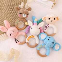 Personalized Crochet Animal Rattle Embroidered Newborn Gift, Eco Beechwood - thumbnail 4