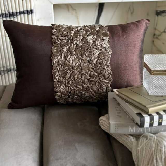 Dark Brown Art Silk, Ribbon Embroidered Solid Pattern, Modern Lumbar Pillow Cover - Chocolate Cream - image 1