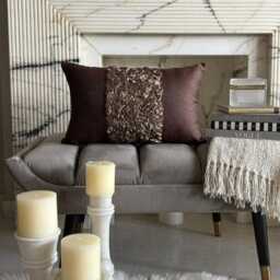 Dark Brown Art Silk, Ribbon Embroidered Solid Pattern, Modern Lumbar Pillow Cover - Chocolate Cream - thumbnail 2