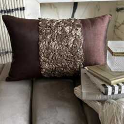 Dark Brown Art Silk, Ribbon Embroidered Solid Pattern, Modern Lumbar Pillow Cover - Chocolate Cream