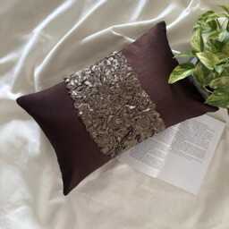 Dark Brown Art Silk, Ribbon Embroidered Solid Pattern, Modern Lumbar Pillow Cover - Chocolate Cream - thumbnail 3