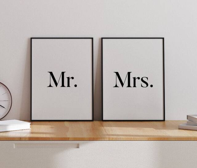Mr Mrs Set Of 2 Prints, Personalised Wedding Print, Couples Bedroom Wall Art, Anniversary Valentines Print - image 1