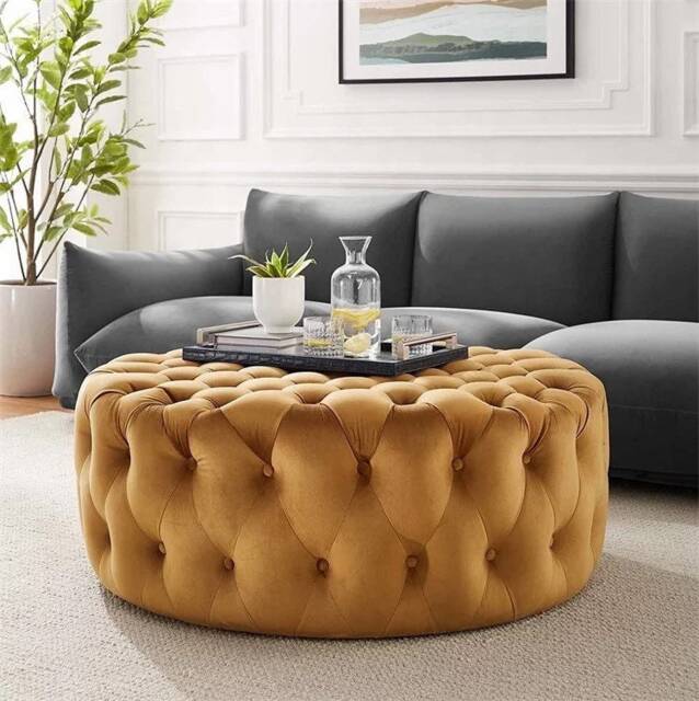Handmade Round Velvet Coffee Table Chesterfield Upholstered Ottoman - image 1