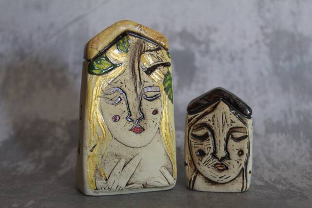 One Clay House With Woman Face in Front, Woman Art Object, Rustic Home Decor - image 1