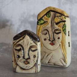 One Clay House With Woman Face in Front, Woman Art Object, Rustic Home Decor - thumbnail 2
