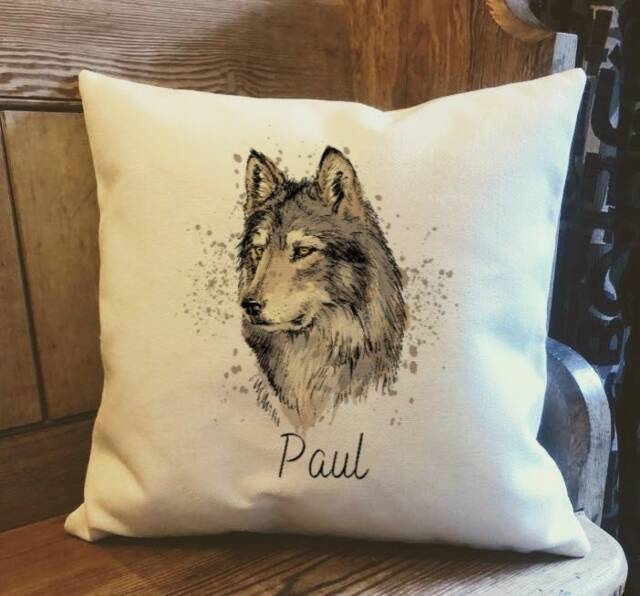Personalised Wolf Safari Country Canvas Cushion - Customised Zoo Animal Linen Wild Cover With Inner Filler - image 1