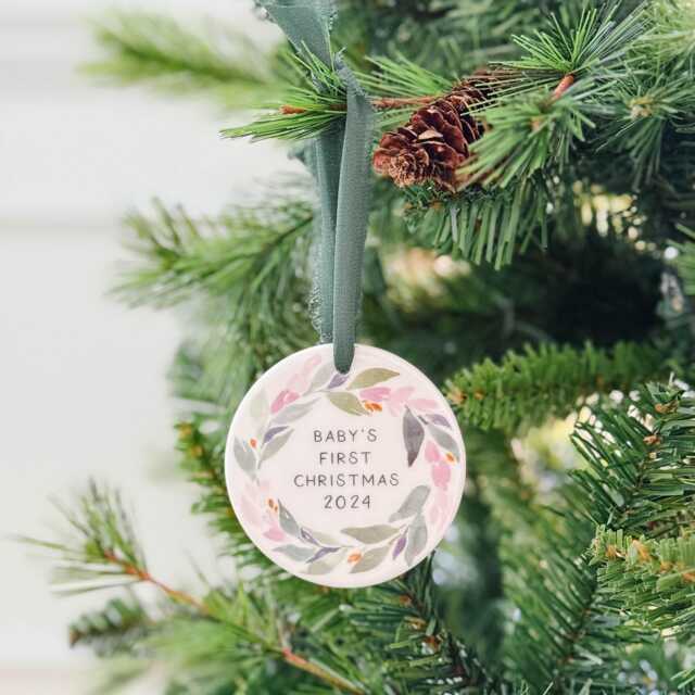 2025 Baby Girl First Christmas Pink Holiday Ornament - Artist Made & Illustrated, Customizable Personalized Tree Decoration