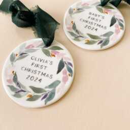 2025 Baby Girl First Christmas Pink Holiday Ornament - Artist Made & Illustrated, Customizable Personalized Tree Decoration - thumbnail 3