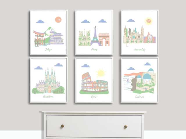 Travel Theme Nursery Art, Pastel City Prints, Set Of 6 - image 1