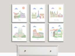 Travel Theme Nursery Art, Pastel City Prints, Set Of 6 - thumbnail 1