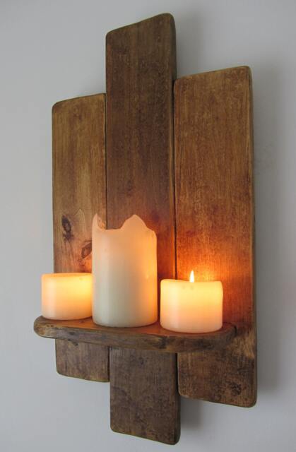 Reclaimed Pallet Wood Floating Shelf , Led Candle Holder Sconce Kitchen Bathroom - image 1