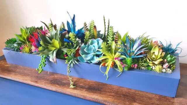 Faux Succulent Planter Artificial Foliage Wooden Centrepiece, Natural Modern Home Decor - image 1