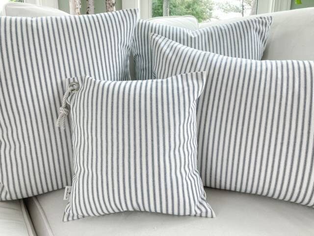 Nautical Pillows, Cushions, Navy Ticking Stripe Pillow Covers, Blue Striped Coastal Style Covers - image 1