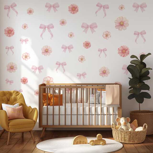 Pink Floral Bow Wall Stickers, Coquette Nursery Decor, Baby Girl Room Decals, Watercolor Flower Peel & Stick - image 1