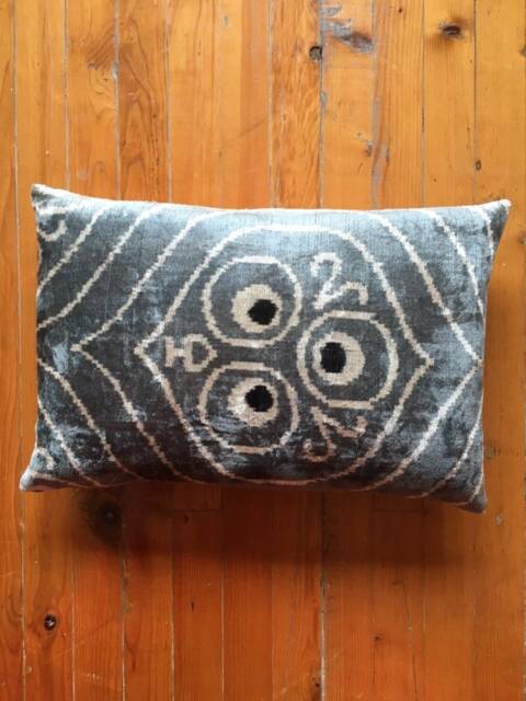 Gray Evil Eye Ikat Velvet Pillow Cover Traditional Handwoven Uzbek Silk Damask - image 1