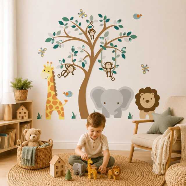 Jungle Animal Nursery Wall Decals Safari Tree, Monkeys, Lion, Giraffe - image 1