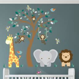 Jungle Animal Nursery Wall Decals Safari Tree, Monkeys, Lion, Giraffe - thumbnail 2