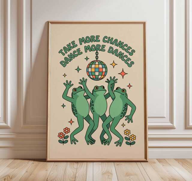 Dancing Frogs Poster Print - Funny Retro Disco Wall Art Positive Quote Illustration Funky Animal Artwork For Kids Room Dorm Home Decor - image 1