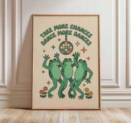 Dancing Frogs Poster Print - Funny Retro Disco Wall Art Positive Quote Illustration Funky Animal Artwork For Kids Room Dorm Home Decor - thumbnail 1