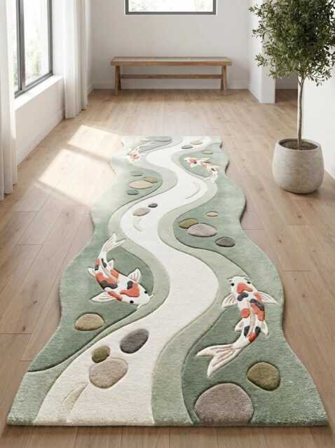 Hand Tufted Wool Koi Fish Rug, Custom River Runner Japanese Zen Area 3D Carved Hallway Runner, Nature Decor, Carpet - image 1