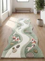 Hand Tufted Wool Koi Fish Rug, Custom River Runner Japanese Zen Area 3D Carved Hallway Runner, Nature Decor, Carpet - thumbnail 1