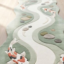Hand Tufted Wool Koi Fish Rug, Custom River Runner Japanese Zen Area 3D Carved Hallway Runner, Nature Decor, Carpet - thumbnail 3