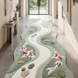 Hand Tufted Wool Koi Fish Rug, Custom River Runner Japanese Zen Area 3D Carved Hallway Runner, Nature Decor, Carpet - thumbnail 2