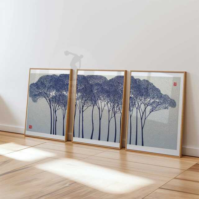 Japanese Tree Wall Art Set Of 3 - Minimalist Forest Prints Blue Silhouette Artwork Tranquil Nature Decor For Home - image 1