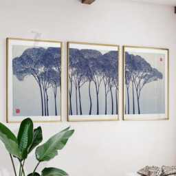 Japanese Tree Wall Art Set Of 3 - Minimalist Forest Prints Blue Silhouette Artwork Tranquil Nature Decor For Home - thumbnail 2