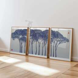 Japanese Tree Wall Art Set Of 3 - Minimalist Forest Prints Blue Silhouette Artwork Tranquil Nature Decor For Home - thumbnail 1
