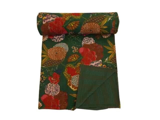 Handmade Kantha Quilt Bohemian Floral Print Bedspread - Queen Size - image 1