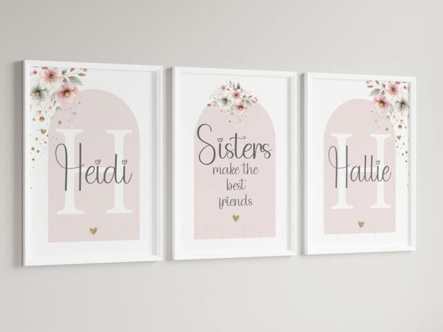 Girls Personalised Sister Prints A4 Or A3 Nursery Set Of Unframed Pink Boho Flowers Shared Room - image 1