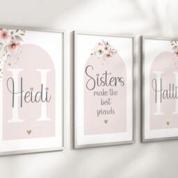 Girls Personalised Sister Prints A4 Or A3 Nursery Set Of Unframed Pink Boho Flowers Shared Room - thumbnail 2