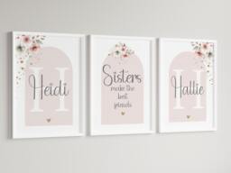 Girls Personalised Sister Prints A4 Or A3 Nursery Set Of Unframed Pink Boho Flowers Shared Room - thumbnail 1