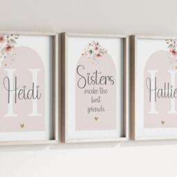 Girls Personalised Sister Prints A4 Or A3 Nursery Set Of Unframed Pink Boho Flowers Shared Room - thumbnail 3