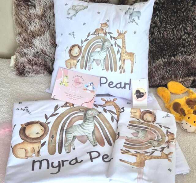 Personalised Safari Rainbow Kids Duvet Cover Set Jungle Theme Bedding Nursery Toy Basket - image 1