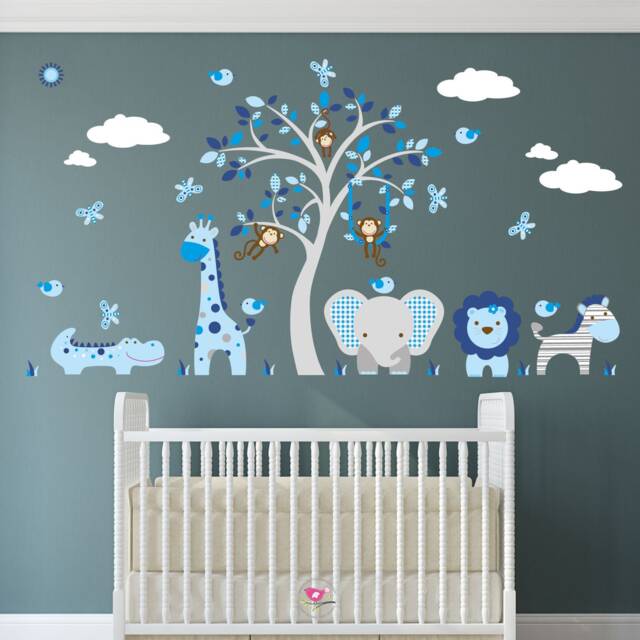 Safari Nursery Wall Decals, Blue Grey Jungle Animals, Tree Mural - image 1