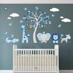 Safari Nursery Wall Decals, Blue Grey Jungle Animals, Tree Mural - thumbnail 1
