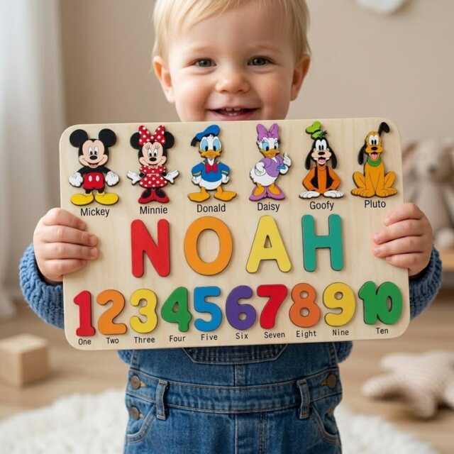 Personalized Mickey Mouse & Friends Wooden Name Puzzle, Custom Baby Puzzle With Numbers, Nursery Decor, First Birthday Gift - image 1